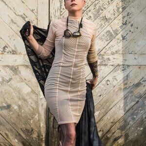 Nude Stretch Mesh Bodycon Dress Coverup